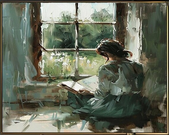 Woman Reading by a Garden Window Impressionist Oil Painting Poster