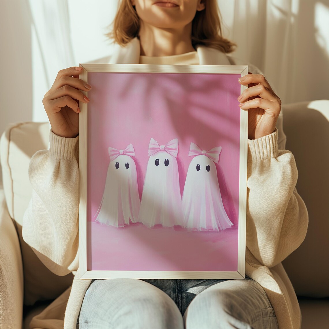 Three Cute Ghosts With Pink Bows On Pink Background Art Poster - Image 2