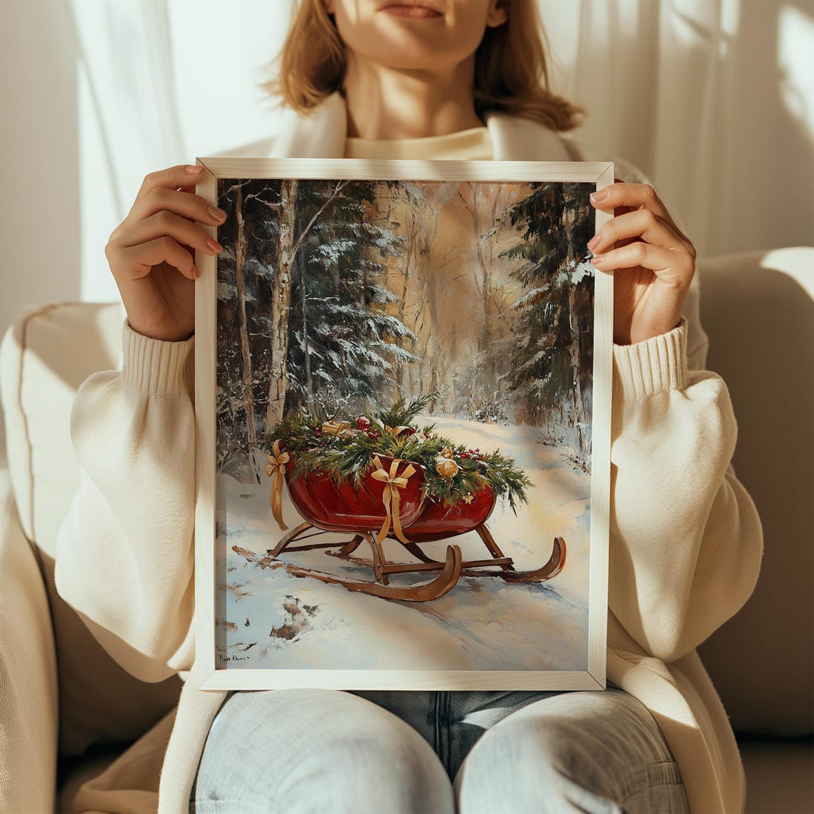 Red Christmas Sleigh With Garland Winter Forest Oil Painting Poster - Image 2