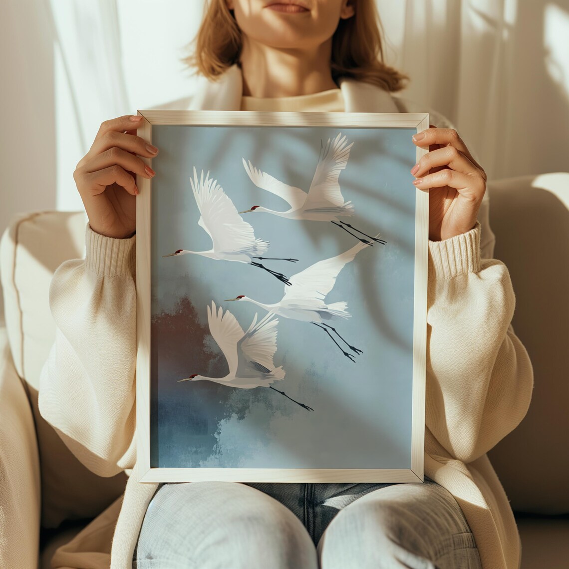 Flying Cranes Japandi Style Art Print, Vintage Japanese - Image 2