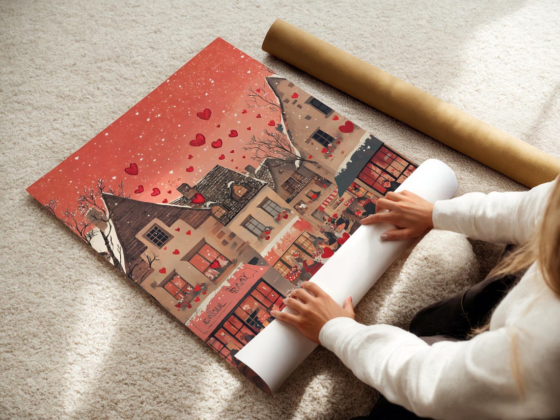 Red Evening Valentine Village Square Falling Hearts Romantic Poster - Image 3