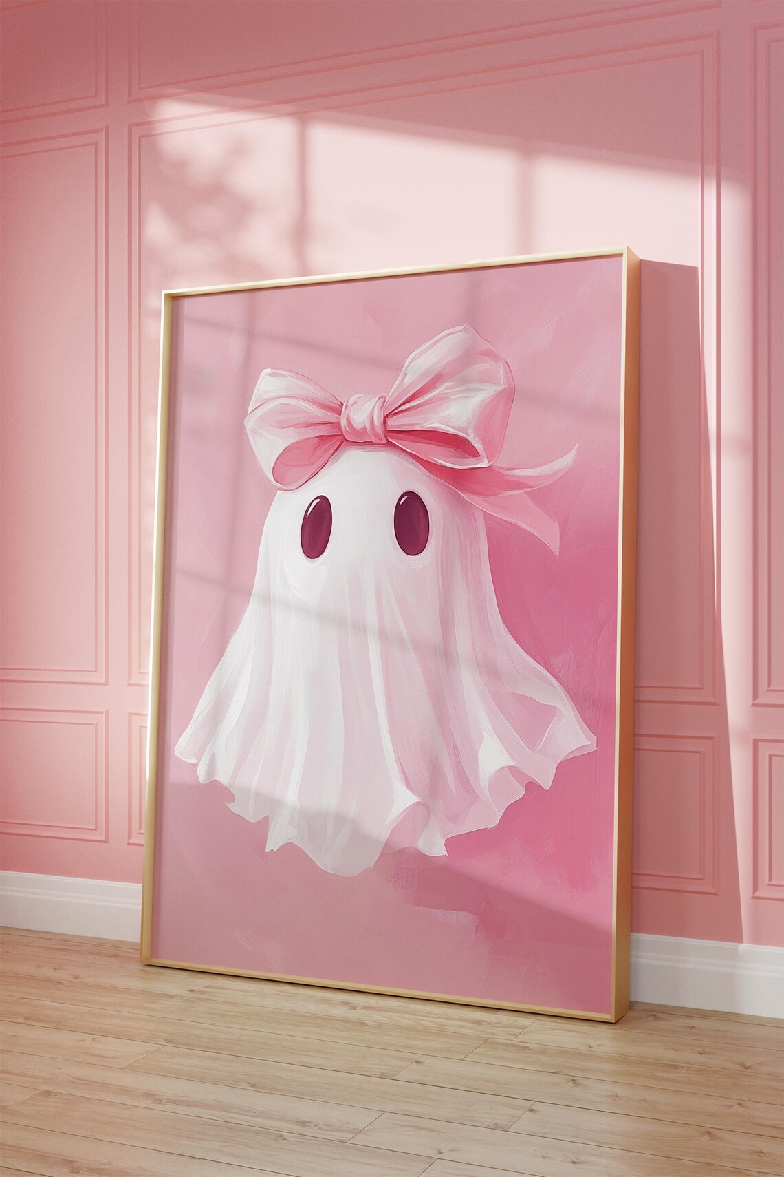 Pink Bow Ghost Halloween Wall Art, Cute Y2K Decor