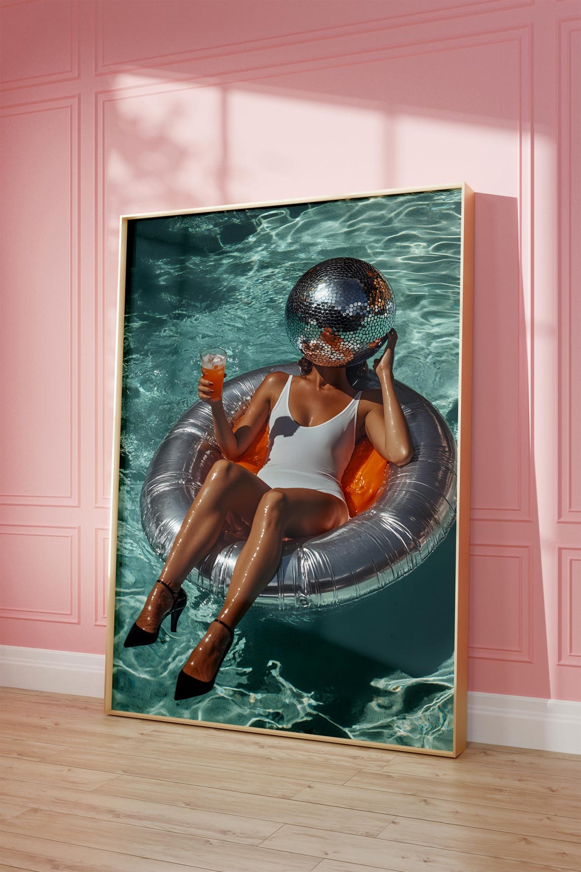 Disco Ball Head Woman Floating On Pool Float Party Fun Poster