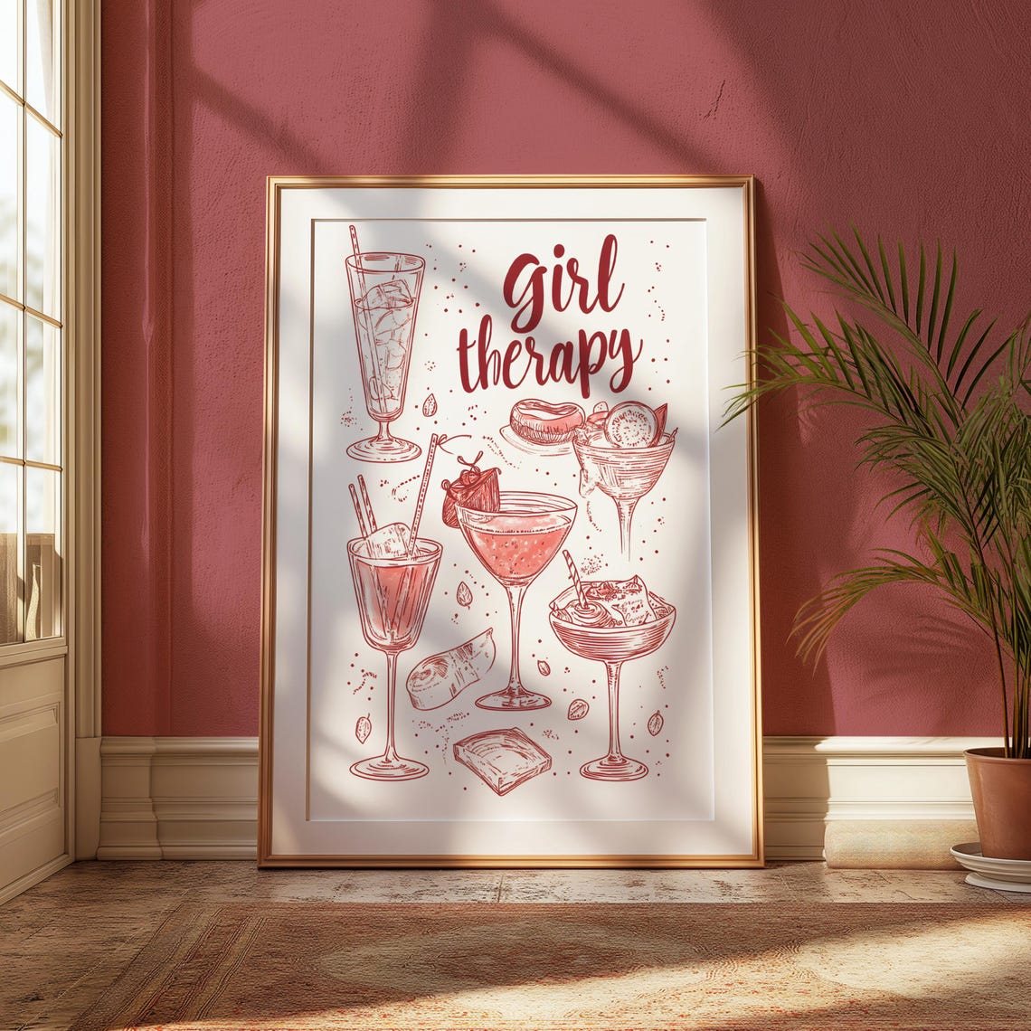 Girl Therapy Pink Print Coquette Girl Therapy Retro Vintage Cheers Wall Art Trendy Retro Girls Night Drinks Poster Funky Bar Cart Art - Image 3