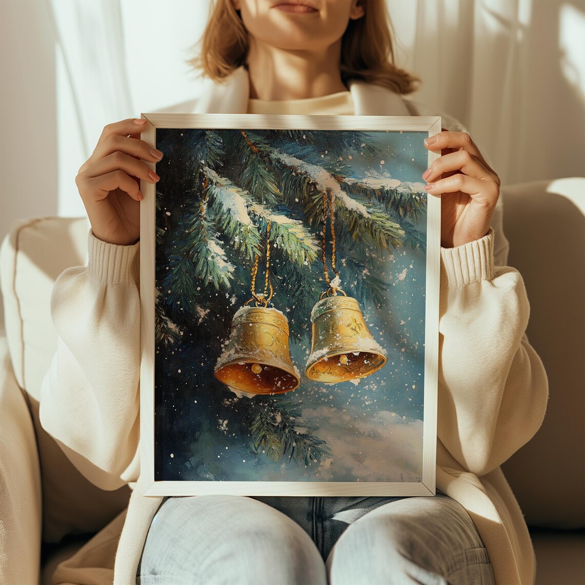 Golden Christmas Bells on Snowy Pine Branch Vintage Holiday Poster - Image 2