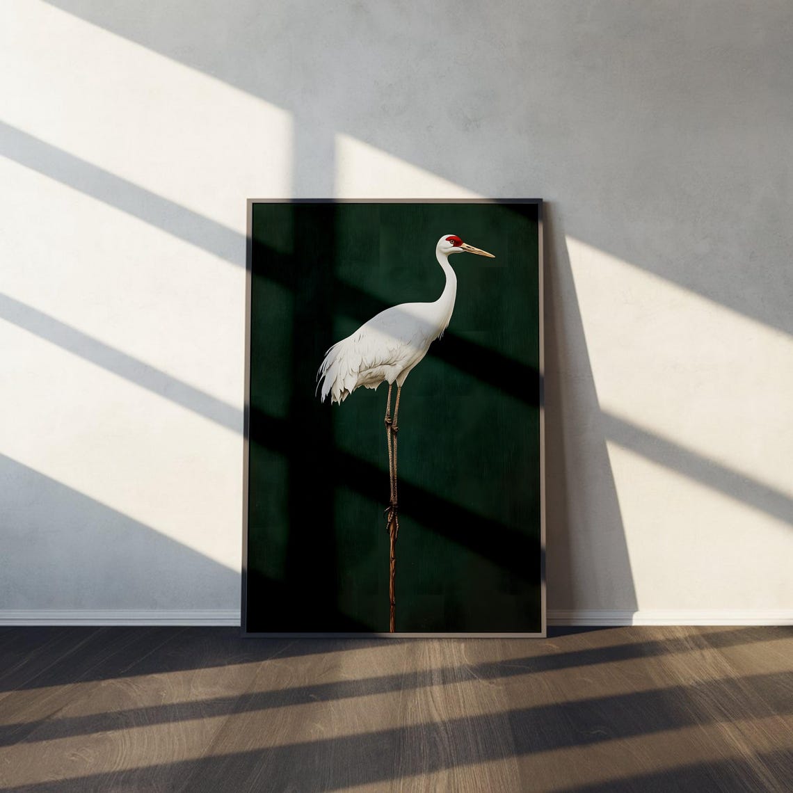 White Japanese Crane Standing On Dark Green Background Art Poster - Image 3