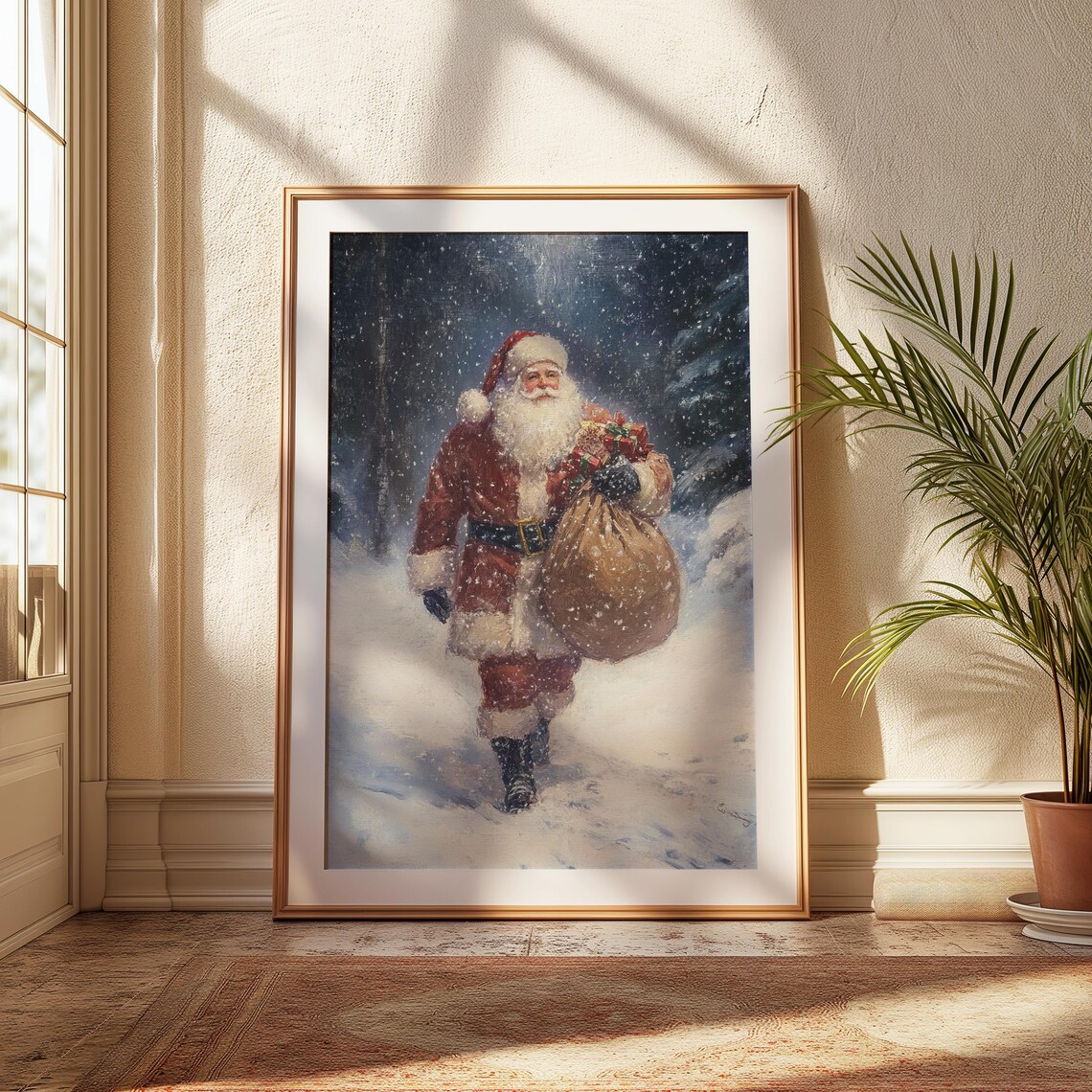 Vintage Santa Claus With Gift Sack Snowy Night Oil Painting Poster - Image 3