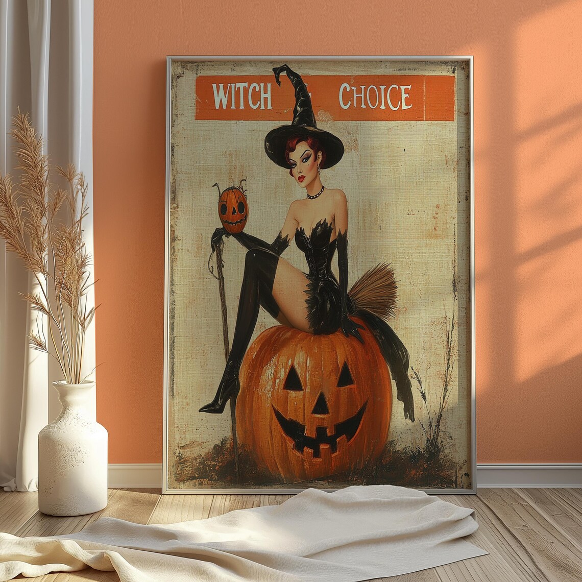 Vintage Witch Choice Pin-Up Sitting on Jack-O-Lantern Halloween Poster - Image 3