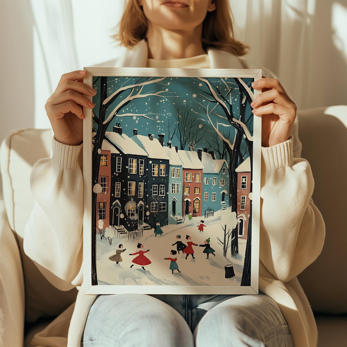 Snowy Christmas Village Street Children Playing Vintage Style Poster - Image 2