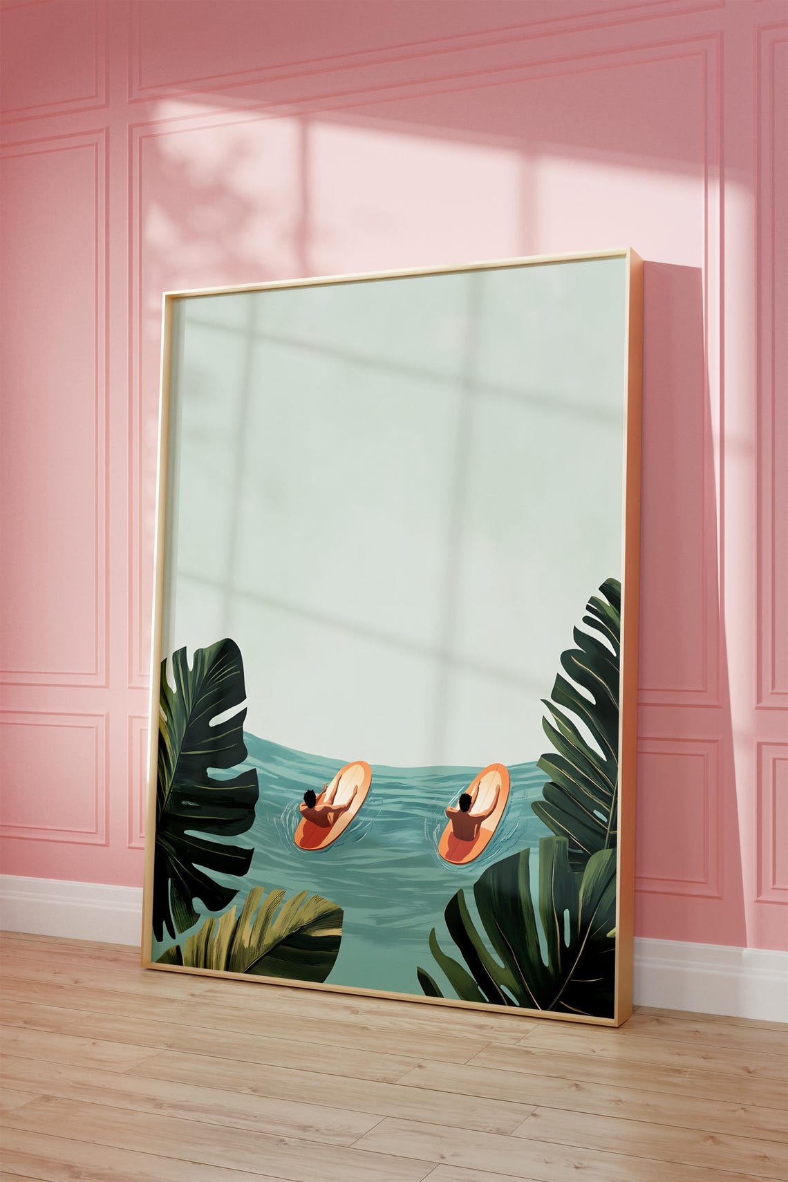 Surfers Paddling Tropical Ocean Monstera Minimalist Summer Poster - Image 3