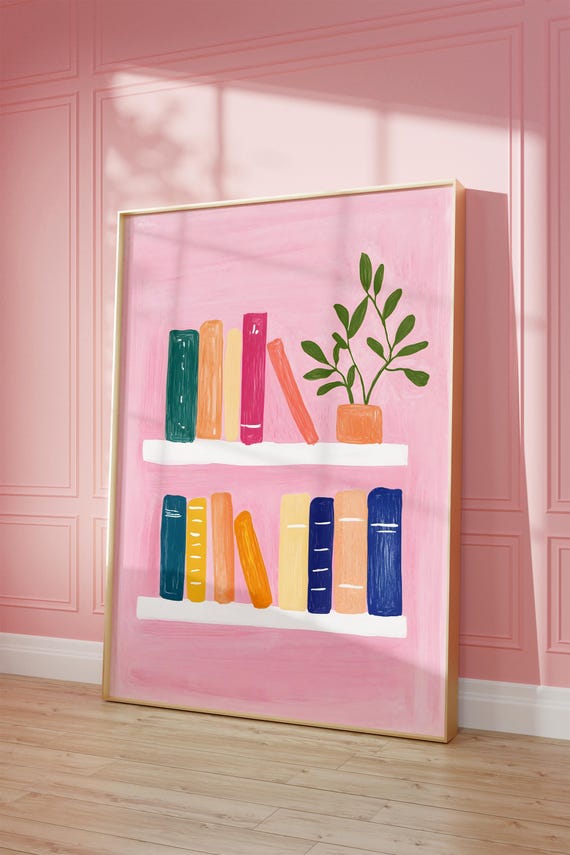 Pastel Bookshelf Wall Art Pastel Girls Bookshelf Painting Library Girly Rainbow Book Lover Cozy Reading Nook Print Pink Art