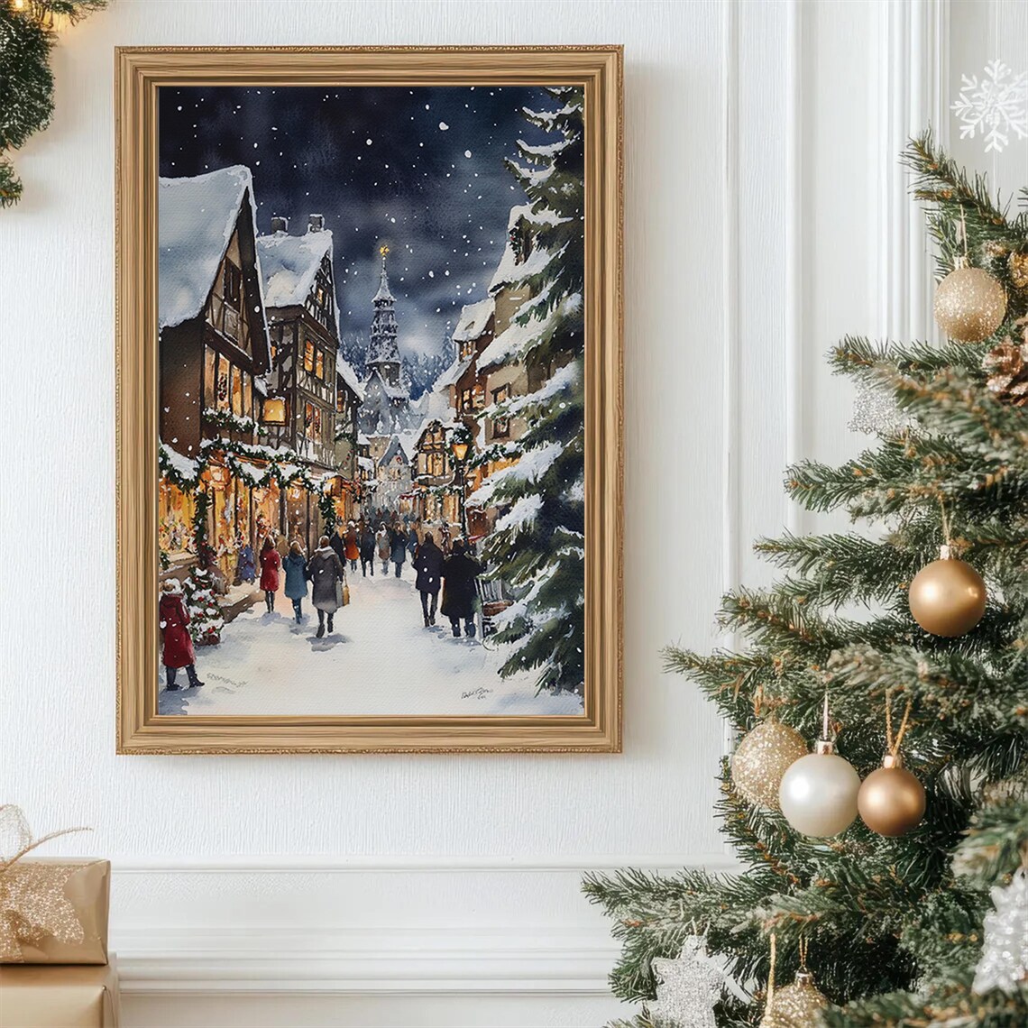 Snowy Old Town Christmas Night Half Timbered Street Watercolor Poster - Image 3