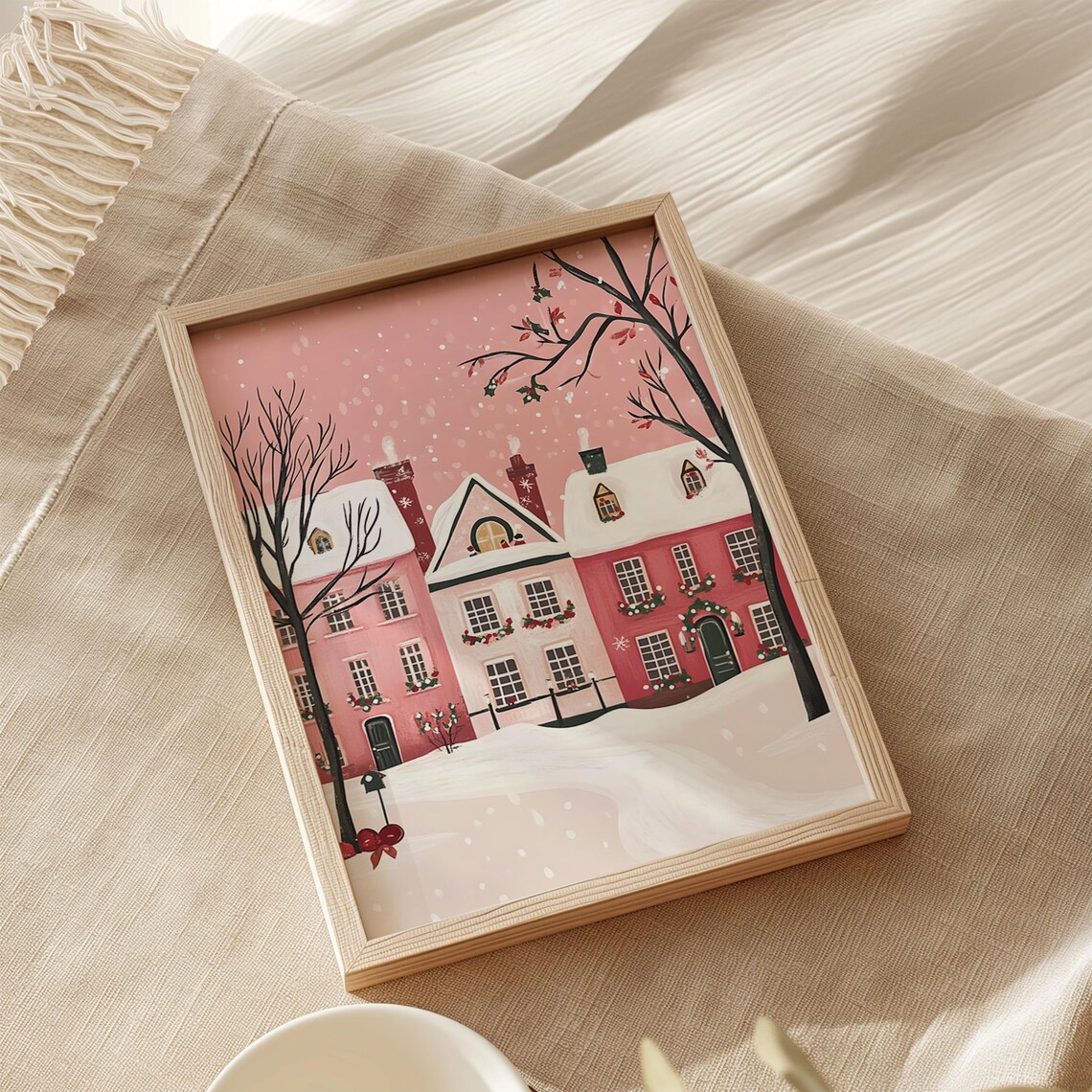 Pink Winter Village Snowy Houses Christmas Pastel Holiday Poster - Image 2