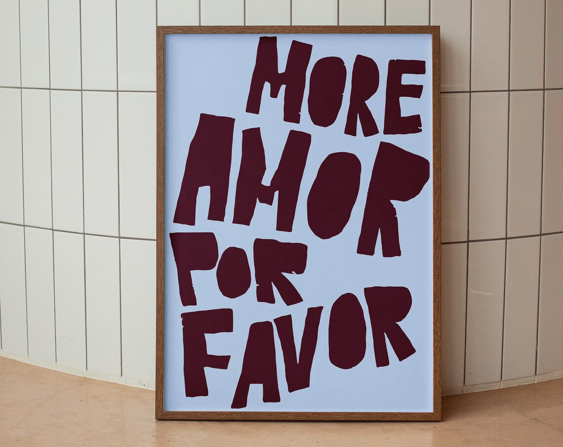 More Amor Por Favor Maroon on Blue Hand Lettered Love Wall Art