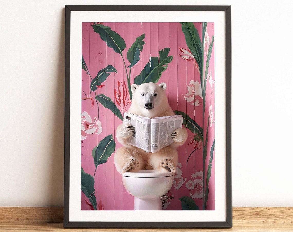 Funny Polar Bear Poster of a Bear Reading the Paper on a Pink Floral Toilet - Image 2