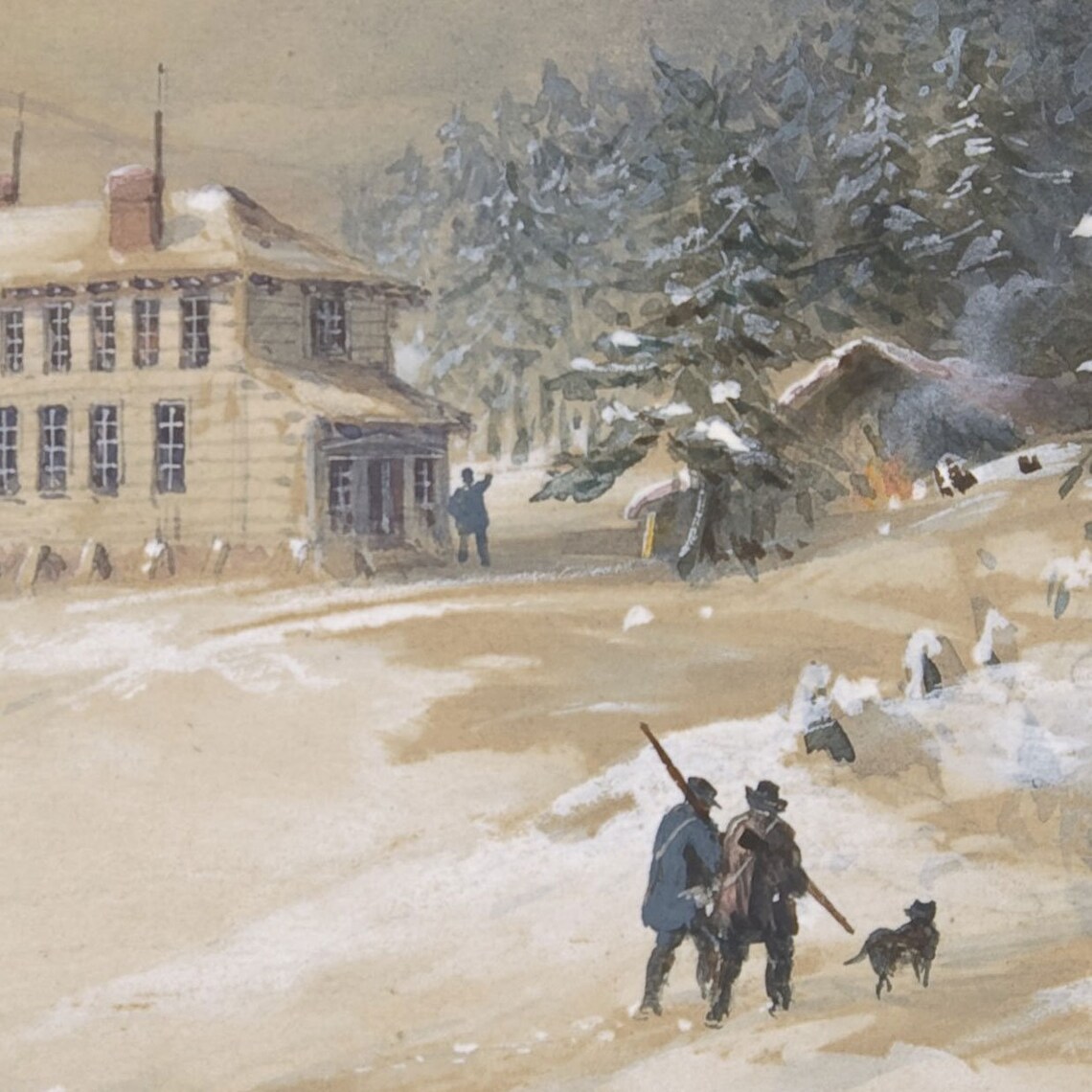 Snowy Mountain Inn Winter Walkers Vintage Christmas Landscape Poster - Image 2