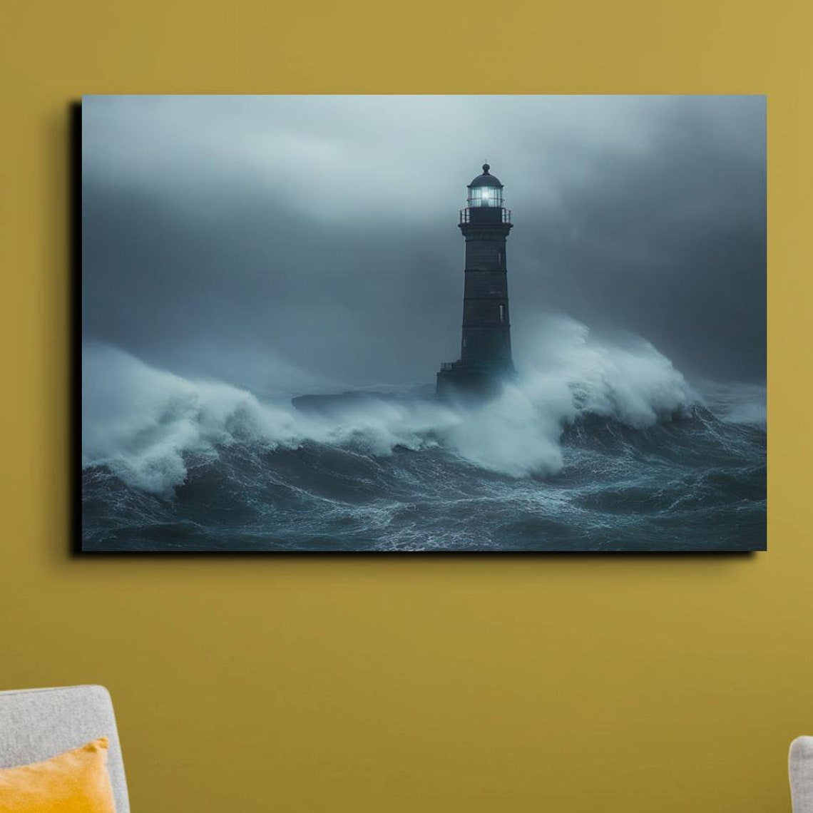 Lighthouse Tower Amid Crashing Ocean Waves Stormy Sea Poster