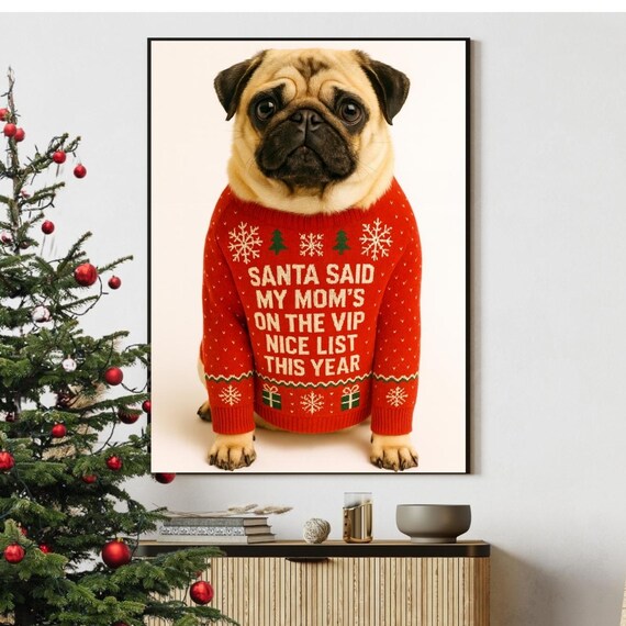 Christmas Pug Wall Art Print Cute Fawn In Festive Sweater Holiday Dog Lover Gift Funny Xmas Pet