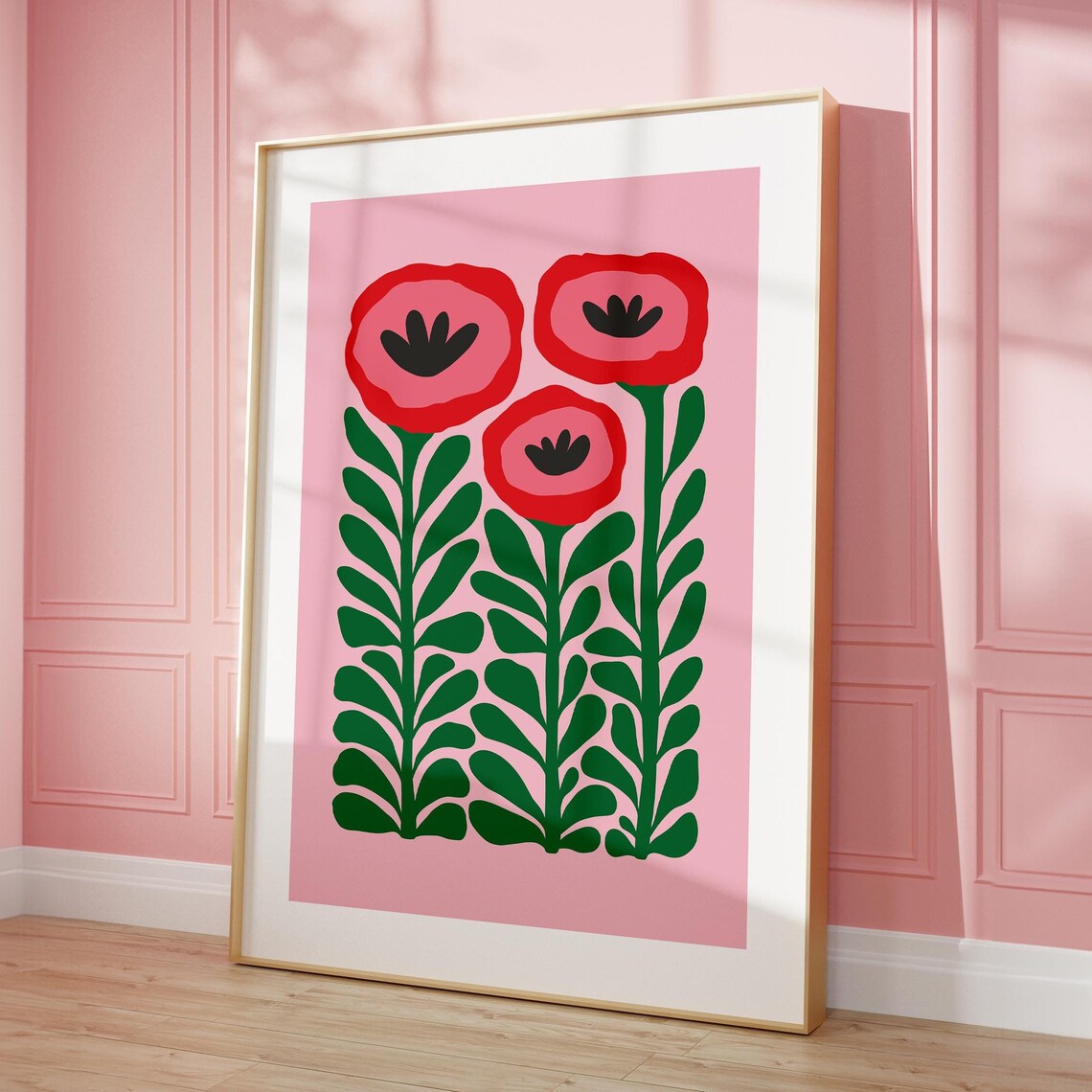 Three Red Poppy Flowers Pink Green Retro Botanical Blooms Poster