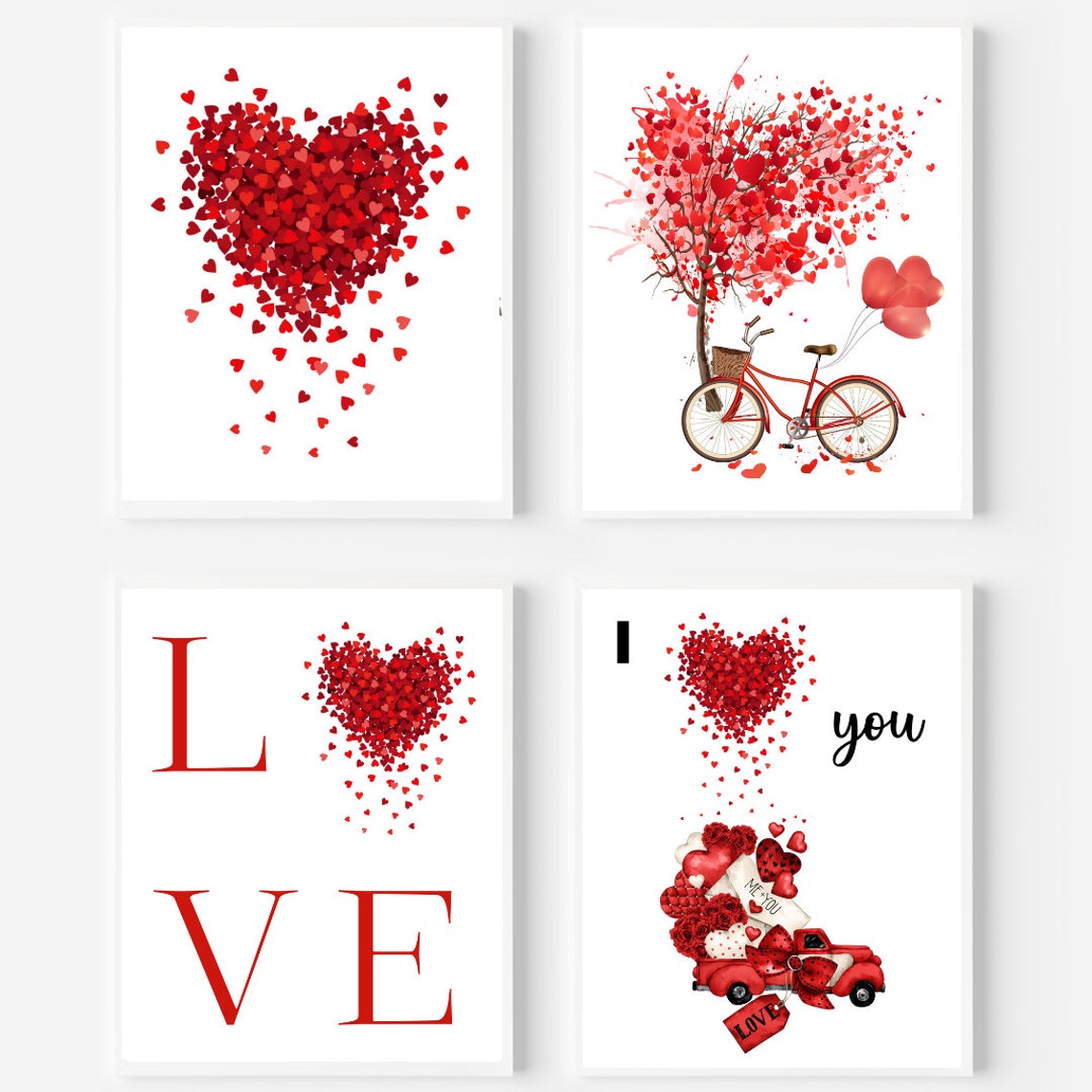 Red Hearts Valentines Print Set Of Four With Love Typography