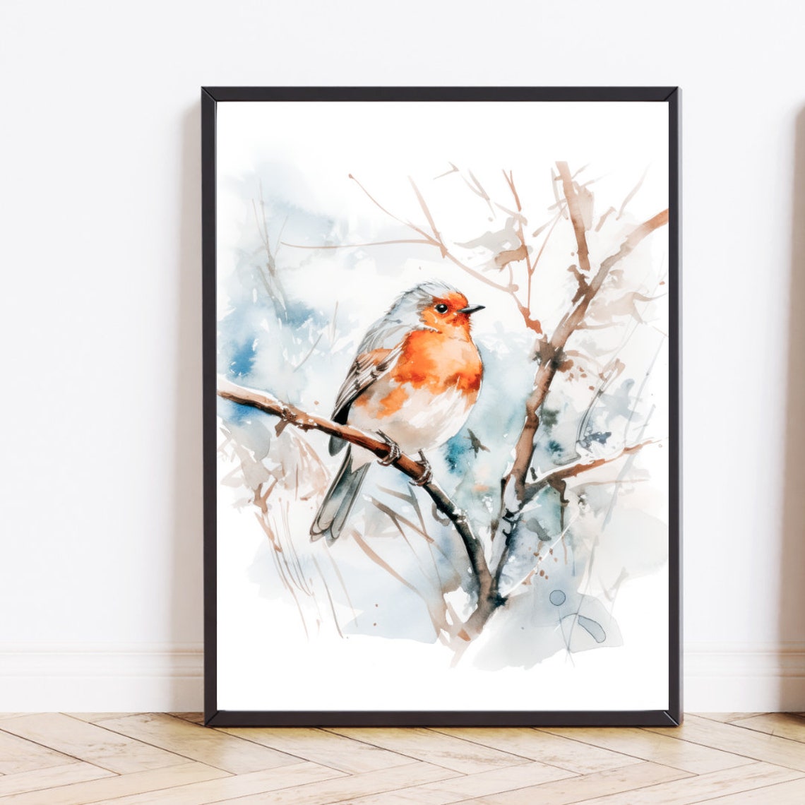 Watercolor European Robin Winter Bird On Snowy Branch Poster - Image 2