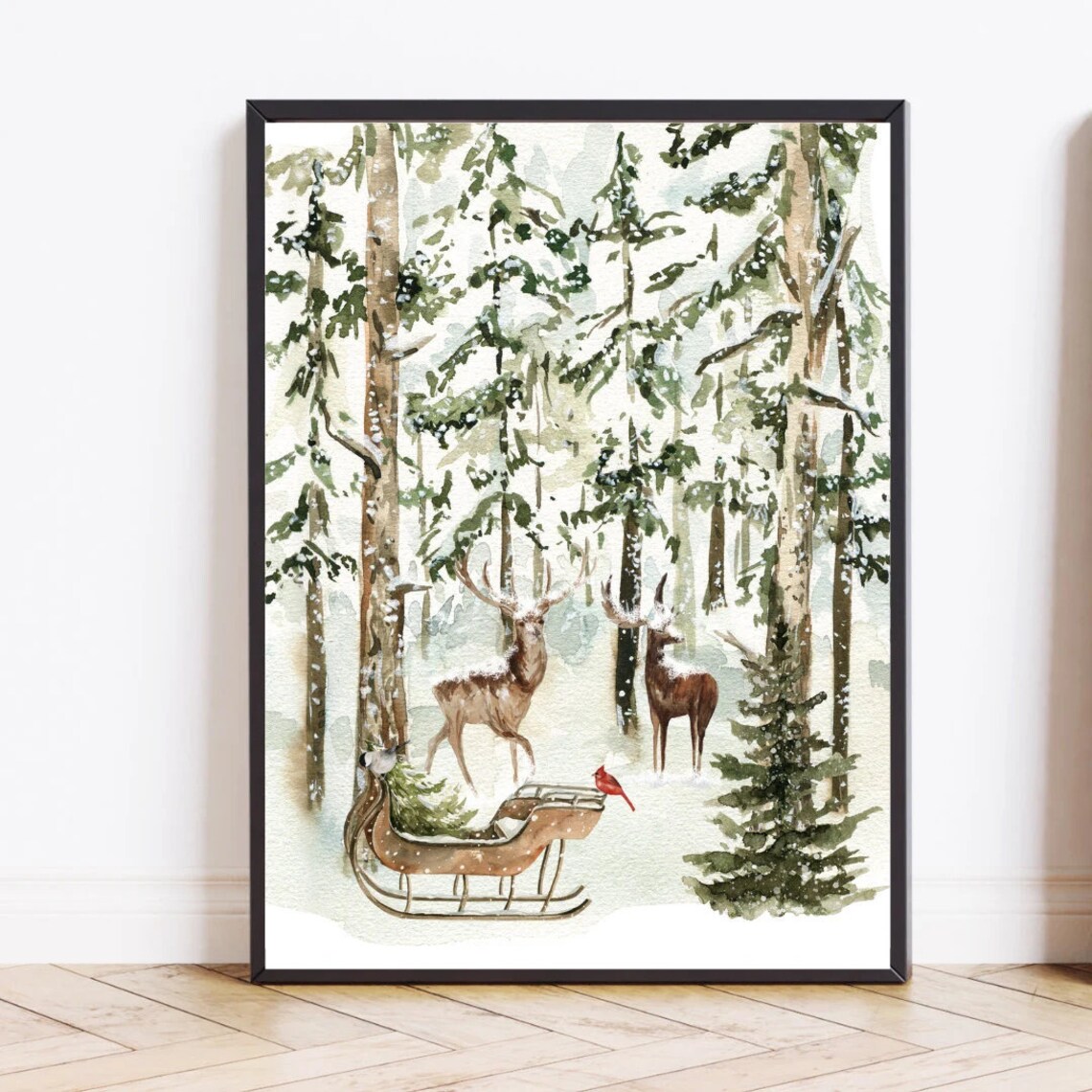 Deer Winter Forest Art Print, Holiday Wall Art