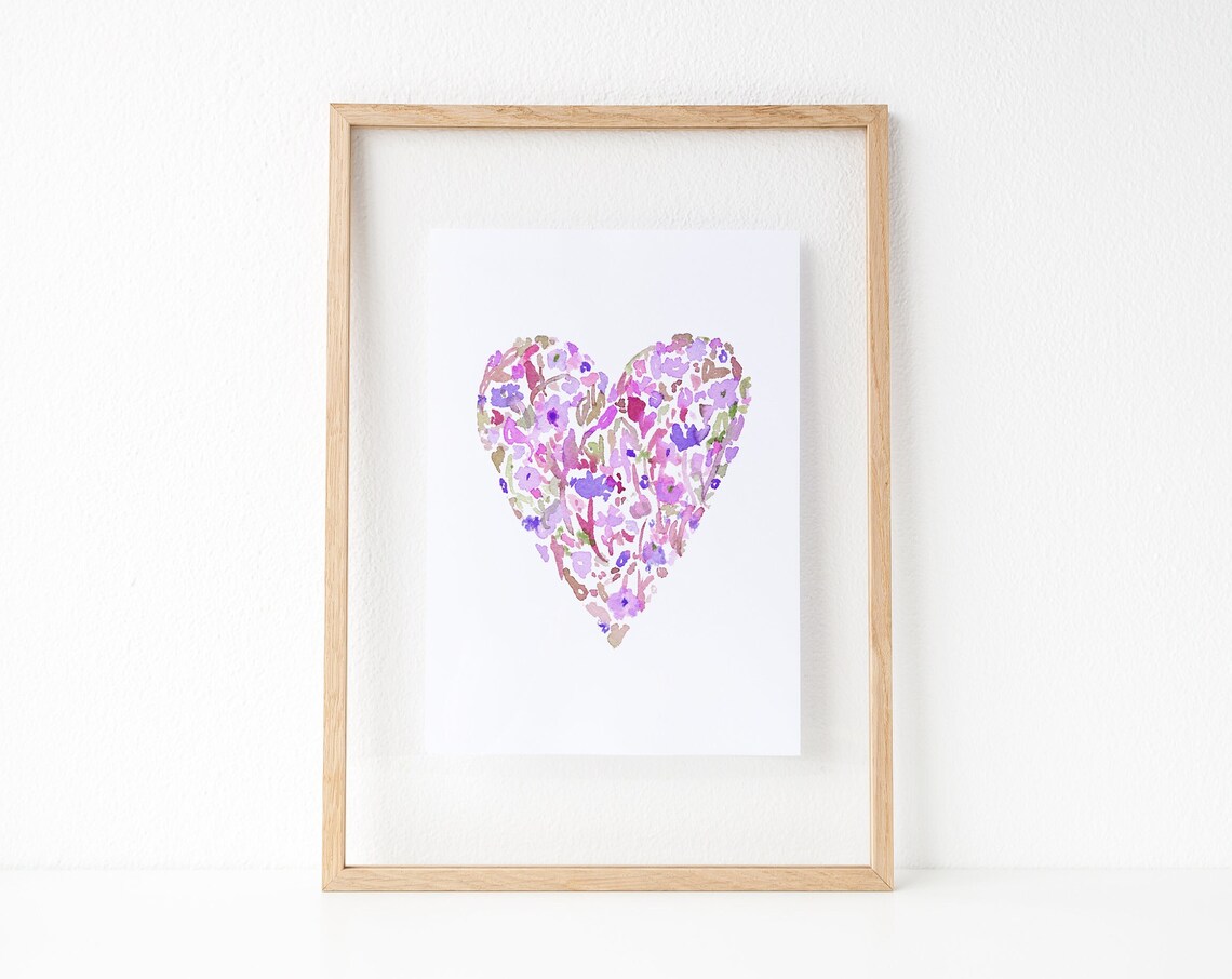 Soft Pink Purple Watercolor Floral Heart Valentines Day Art Print - Image 4
