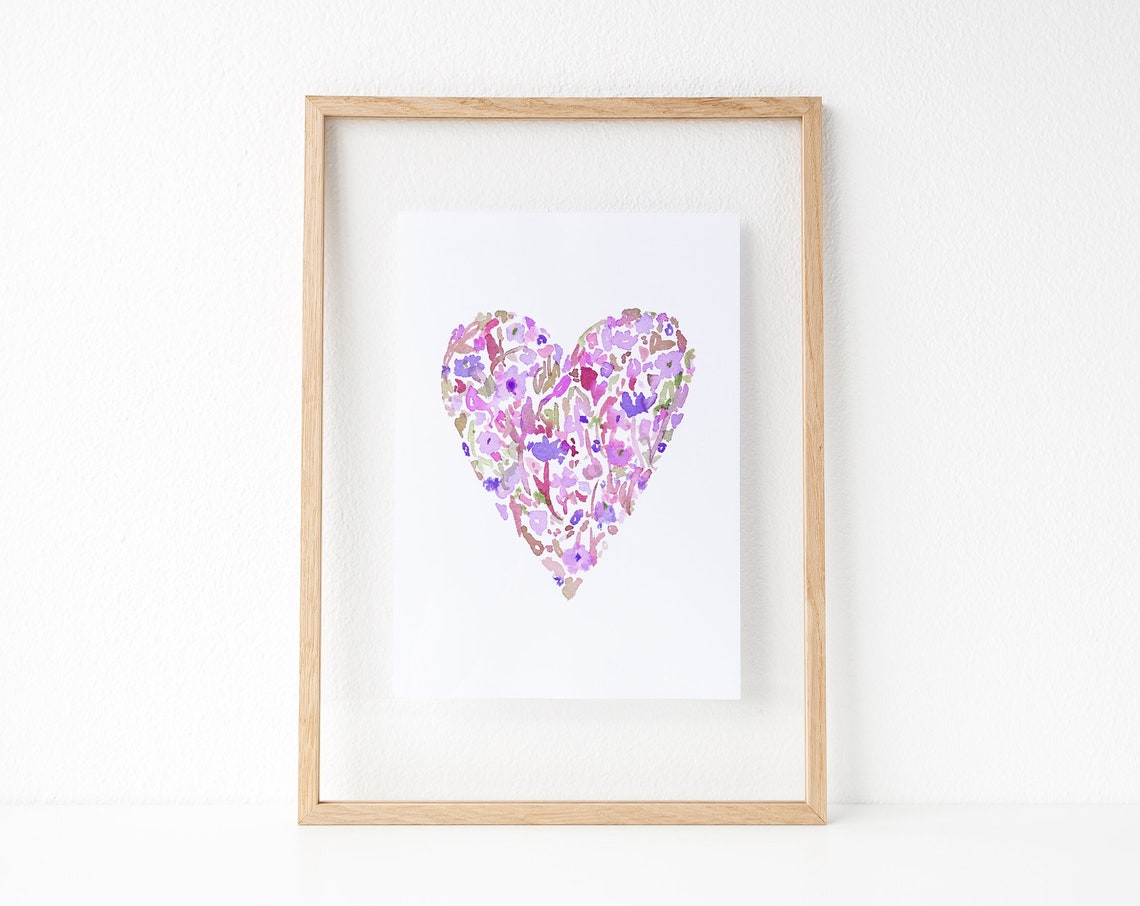 Valentines Day Wall Art Heart Print Floral Watercolor Heart Floral Heart Print Watercolor Heart Print Purple Heart Print - Image 4