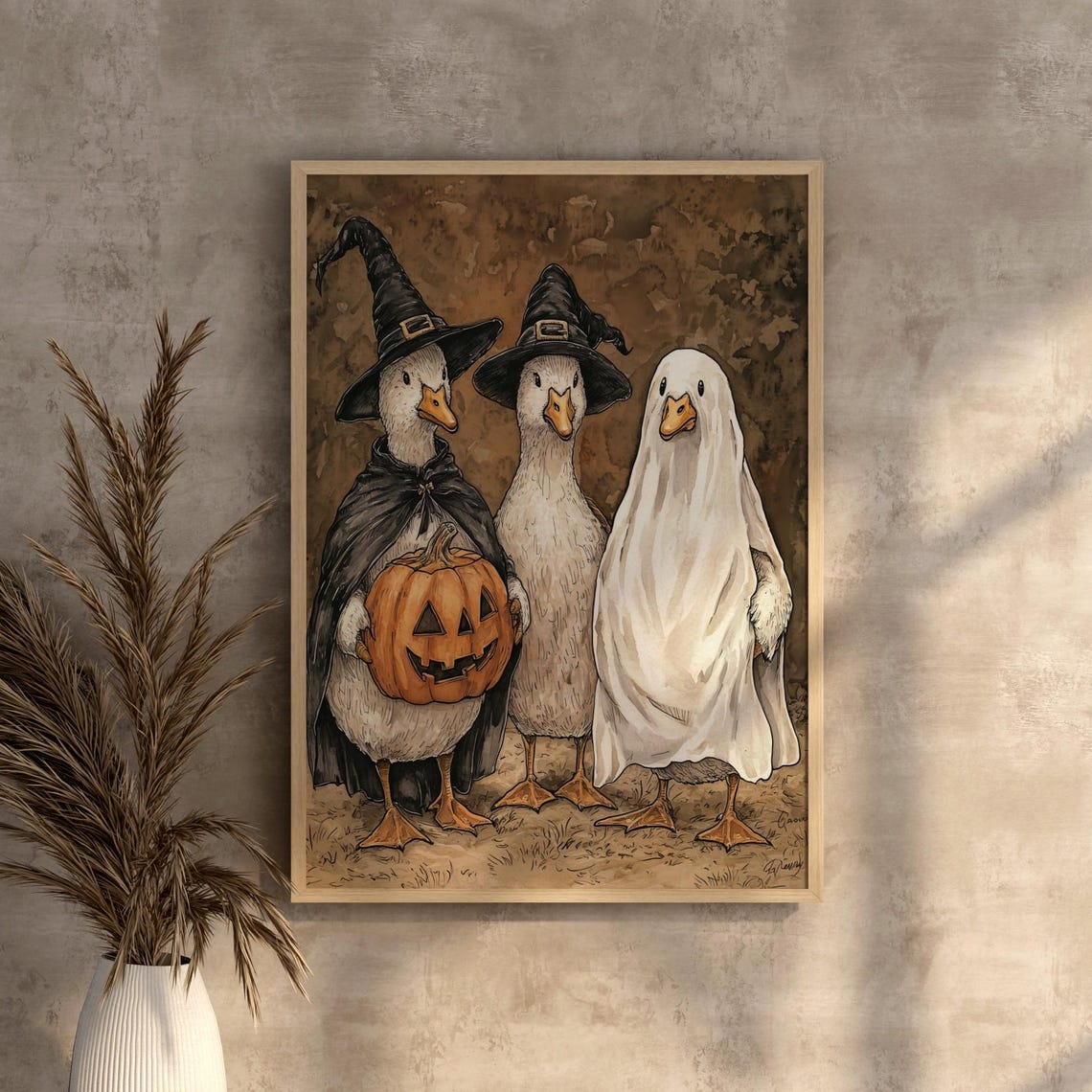 Cute Halloween Geese Witch Ghost Costumes Farmhouse Art Print