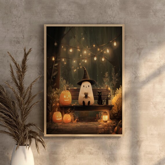 Cute Drinking Coffee With Black Cat And Pumpkins Halloween Wall Art Print Cozy Autumn Witch Decor Spooky