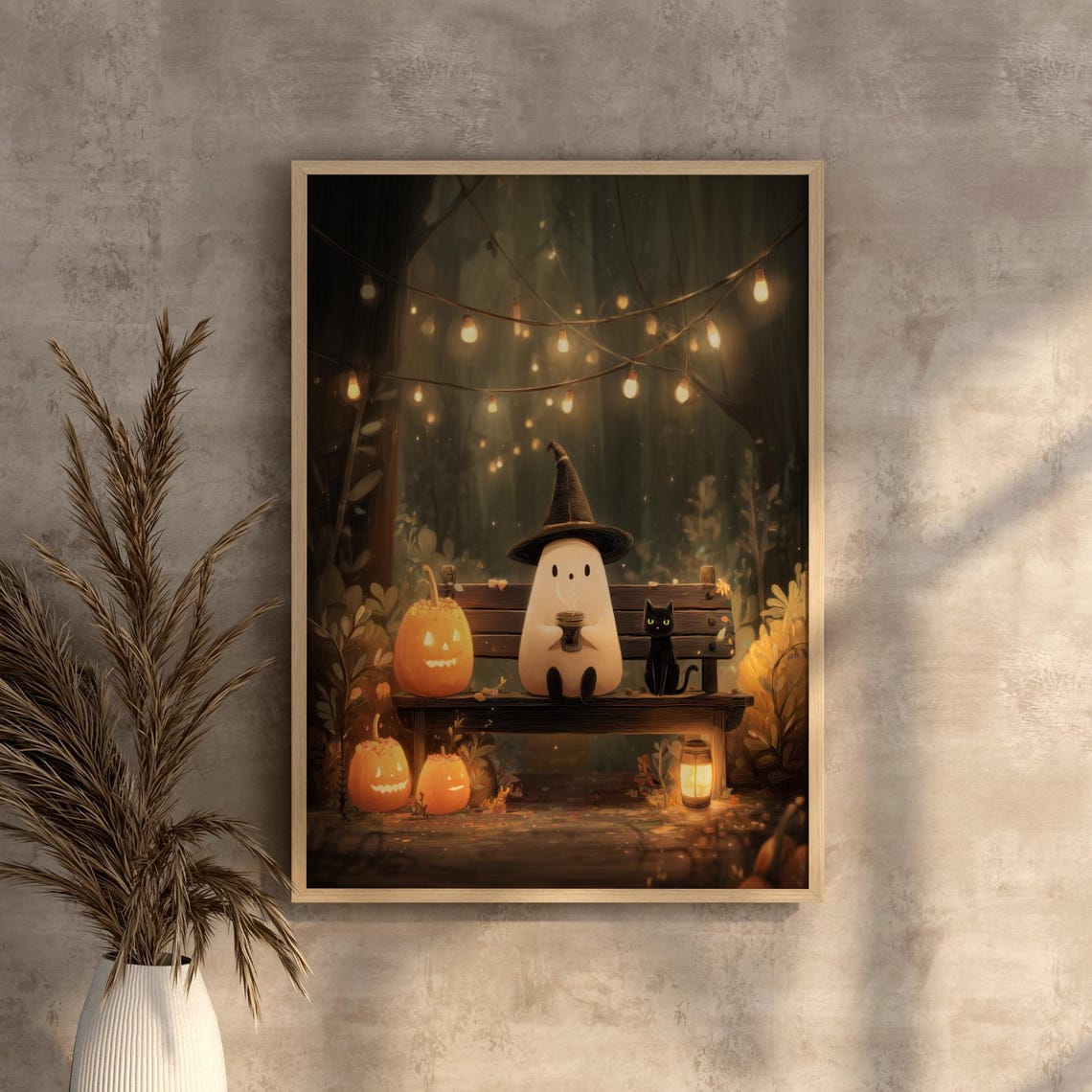 Cute Witch Ghost Bench Pumpkins Autumn Night Halloween Print