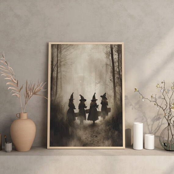 Muted Vintage Halloween Wall Art Four Witch Children With Baskets Spooky Gothic Forest Print Creepy Trick Or Treat