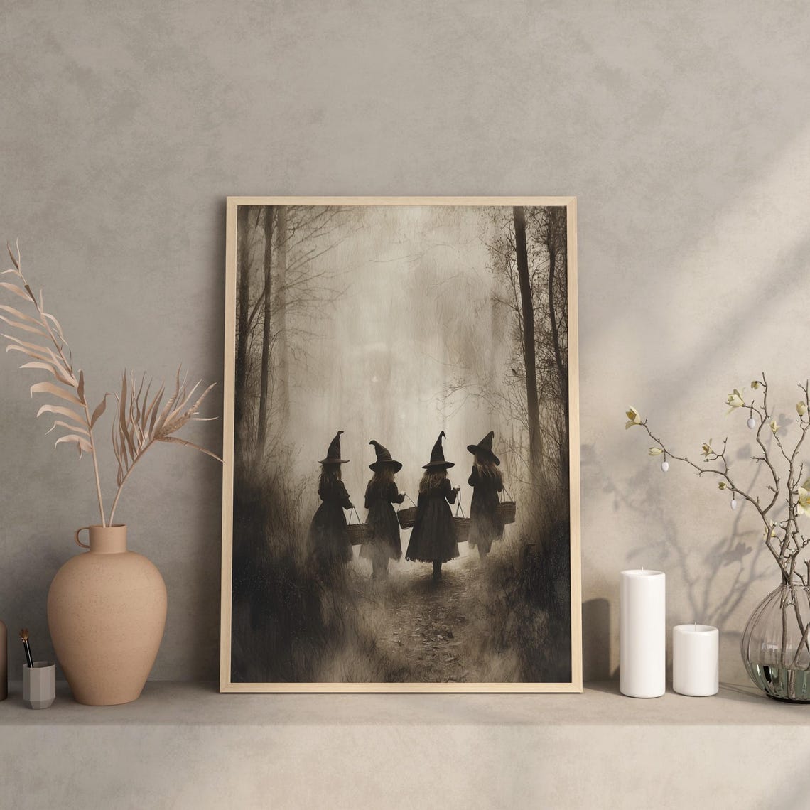 Four Witch Children Halloween Vintage Sepia Gothic Forest Scene Poster