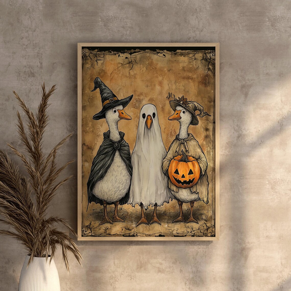 Vintage Halloween Goose Art Print, Witch Pumpkin