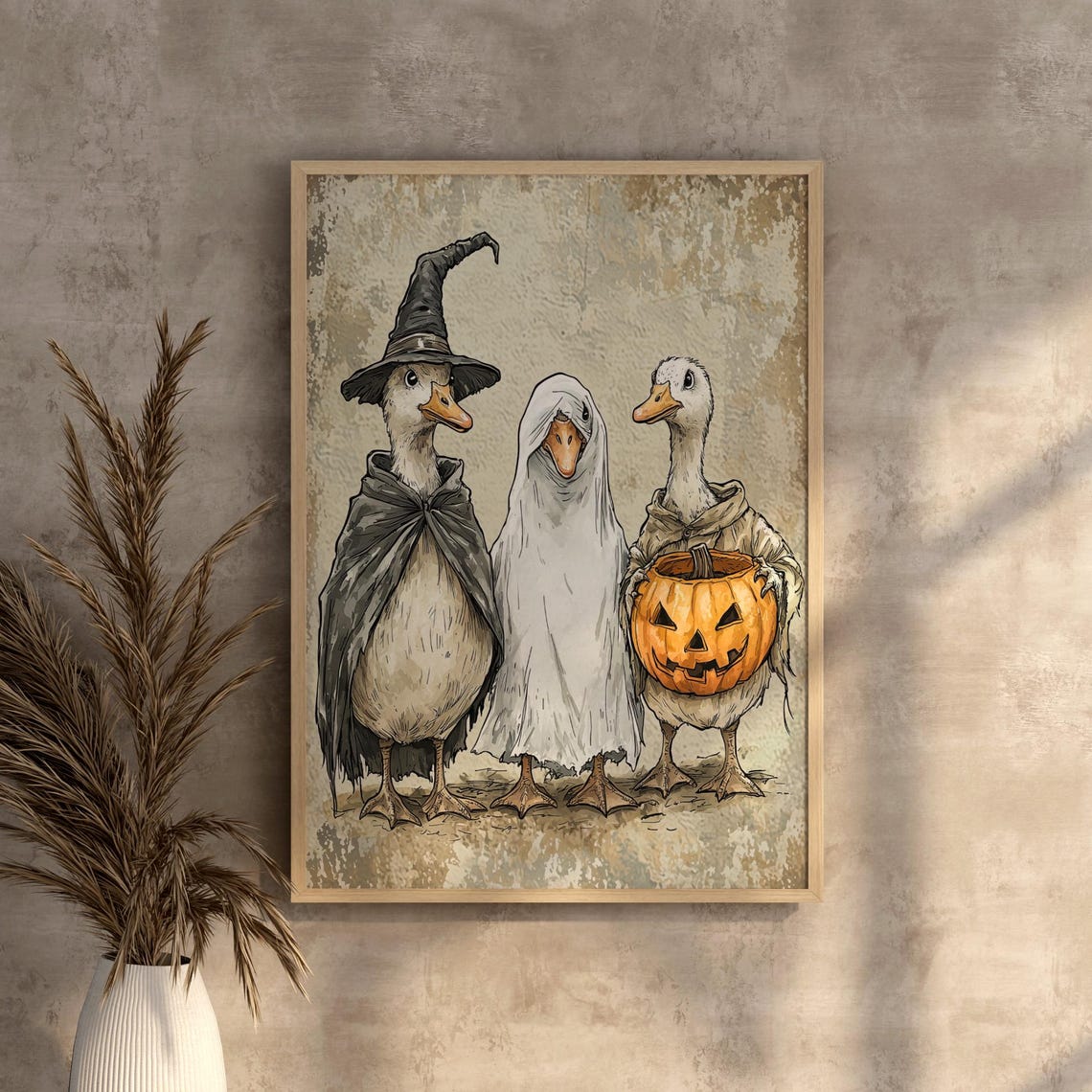 Halloween Geese Witch and Ghost Costumes Watercolor Art Print