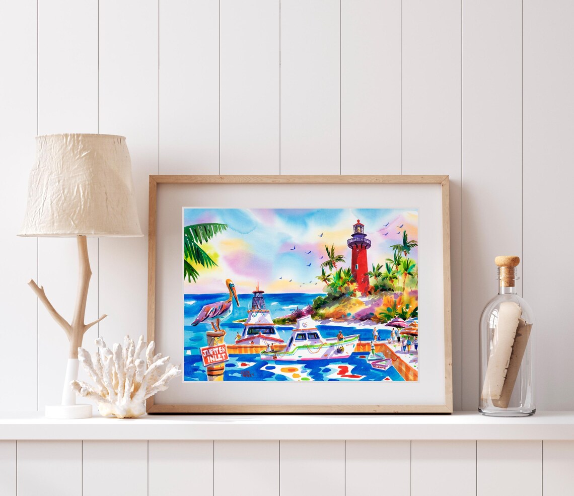 Florida Fishing Boat Watercolor Print, Jupiter Lighthouse - Image 3