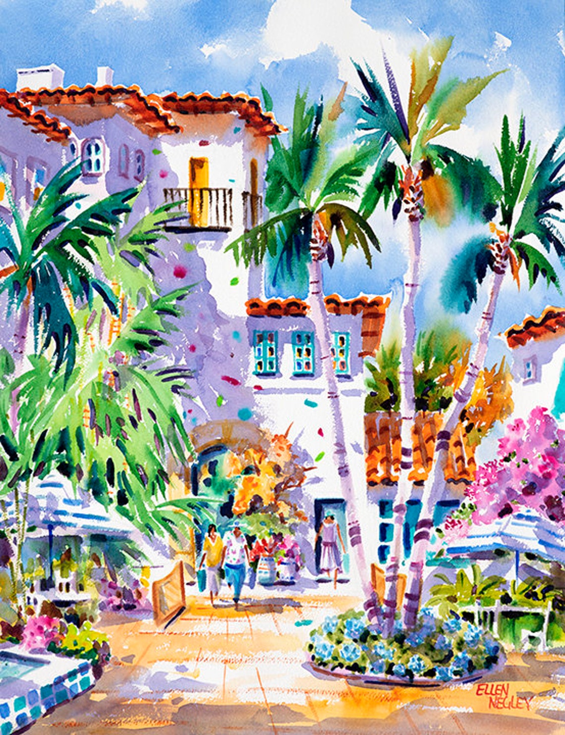 Palm Beach Via Mizner Courtyard with Palm Trees and Shops Poster