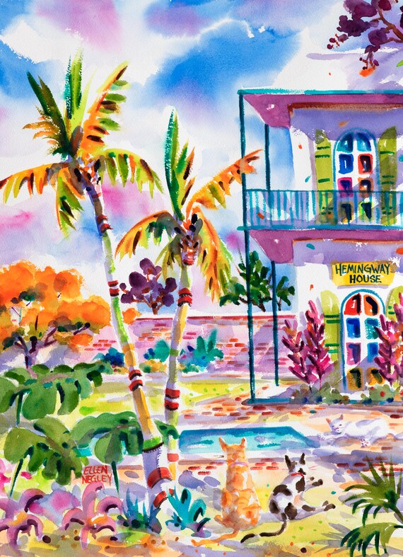 Hemingway House Key West Cats with Palm Trees Watercolor Poster