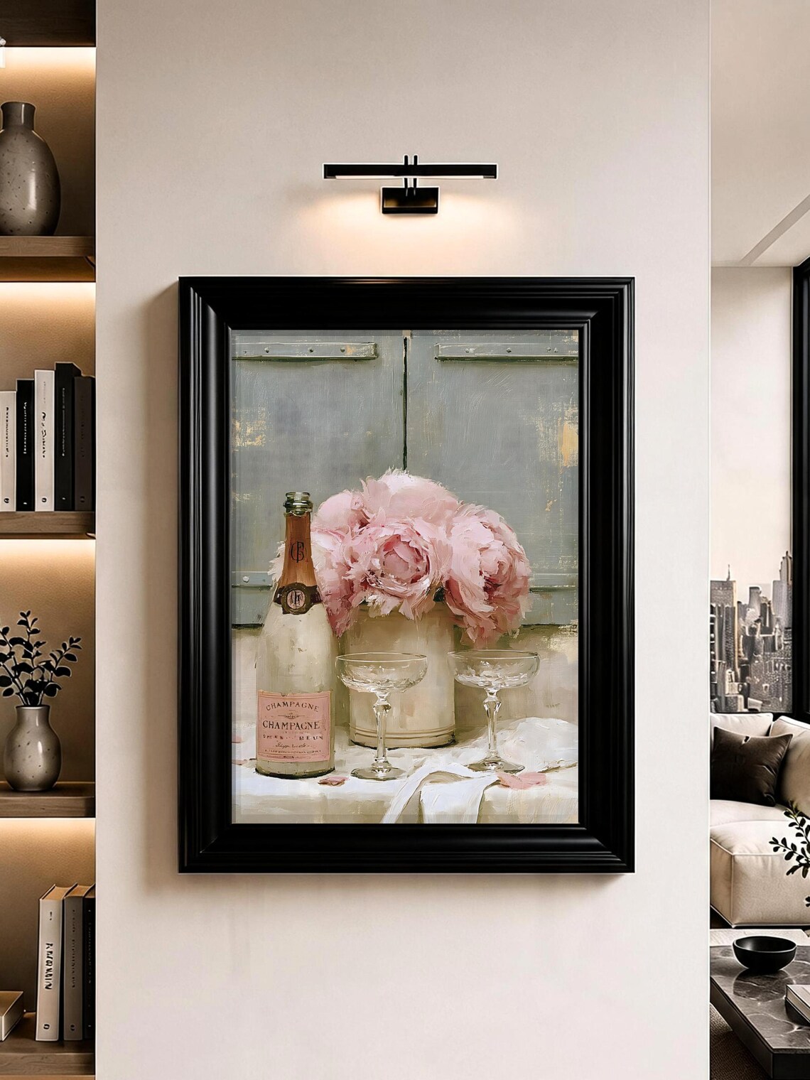Champagne Bottle Blush Peonies Romantic Still Life Oil Painting Poster