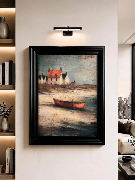Red Fishing Boat Wall Art British Coastal Cottage Painting Print