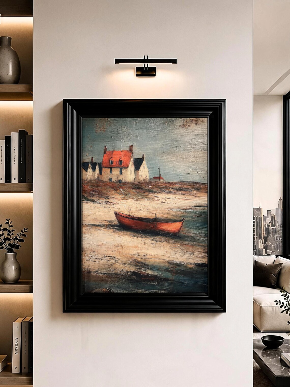 Red Fishing Boat Coastal Cottage Oil Painting Poster for Beach House Decor