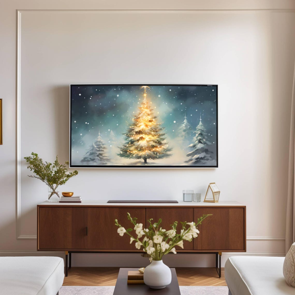Golden-Lit Christmas Tree Glowing in a Snowy Night Forest Poster - Image 2