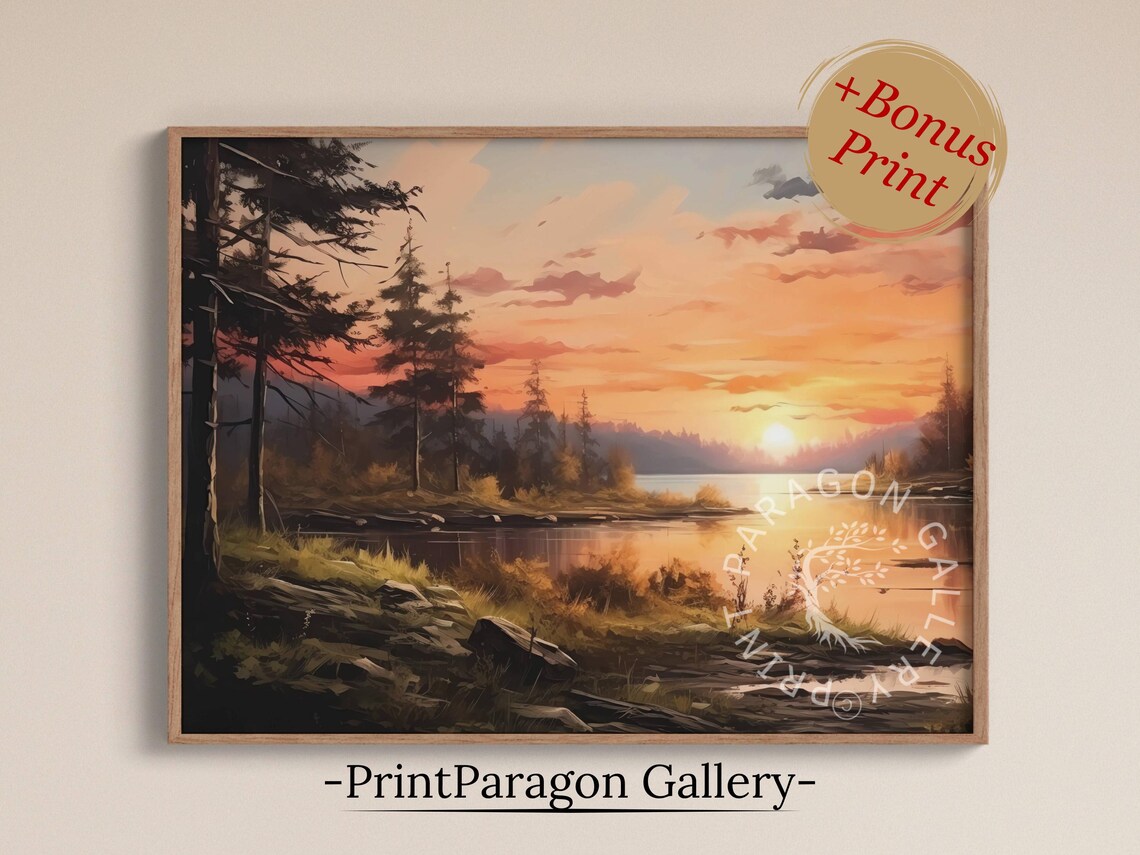 Sunset Over Rocky Lakeshore Silhouetted Pines Oil Painting Warm Wall Art