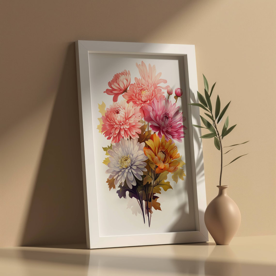 Colorful Chrysanthemum Bouquet Watercolor Pink Orange Blossoms Poster - Image 2