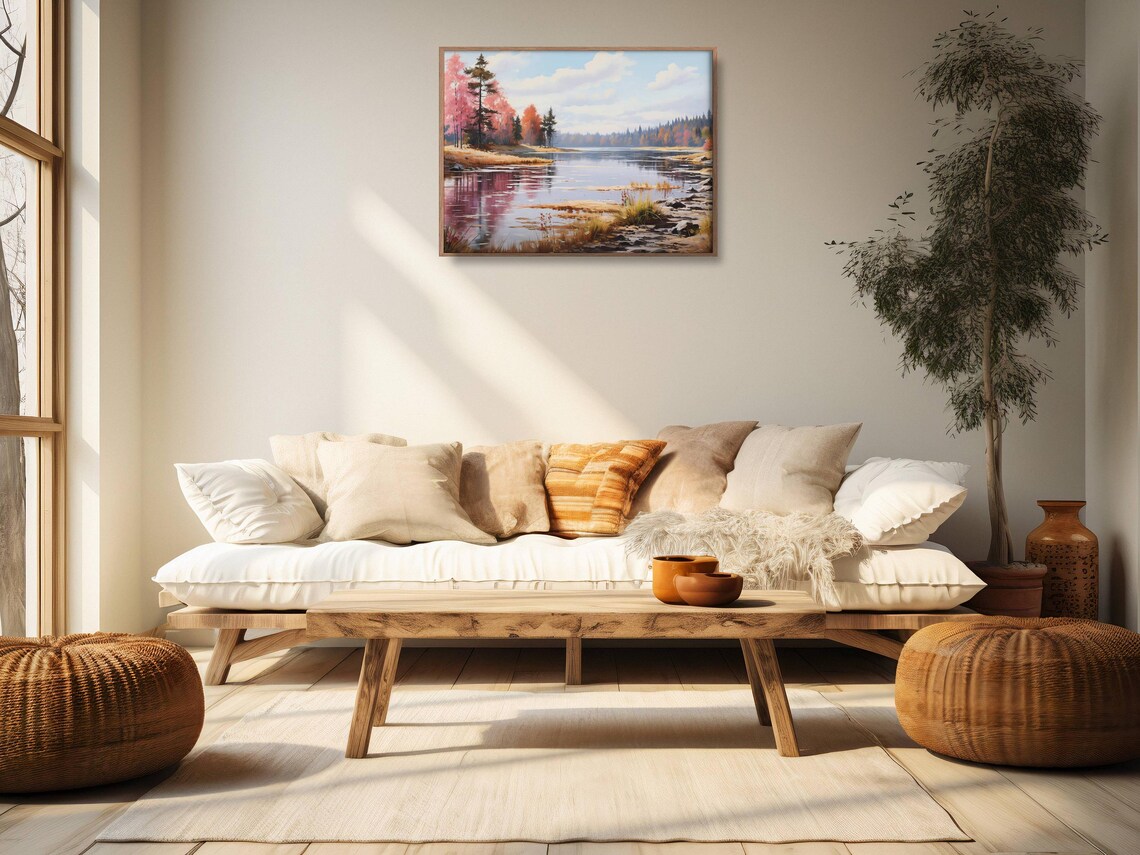 Colorful Autumn Lake Pink Orange Trees Reflecting Oil Painting Fall Wall Art - Image 2