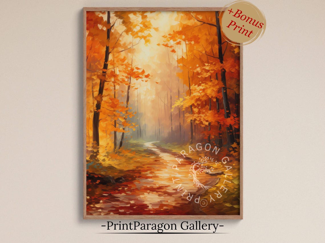Sunlit Autumn Forest Trail Fall Foliage Pathway Landscape Wall Art