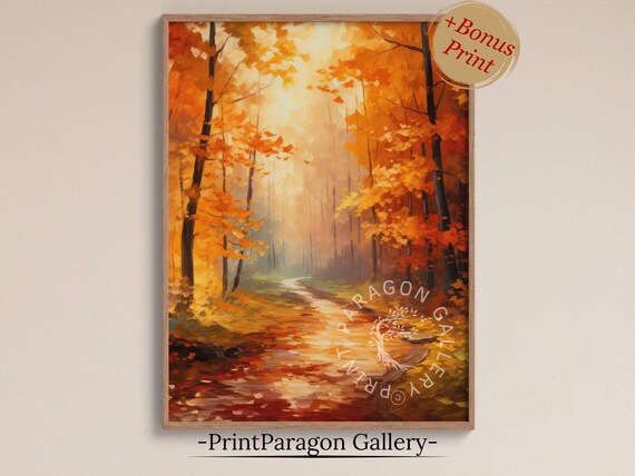 Sunlit Autumn Forest Trail Fall Foliage Pathway Landscape Wall Art