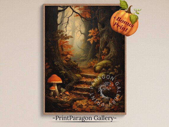 Dark Enchanted Forest Path with Red Toadstools and Fall Leaves Wall Art