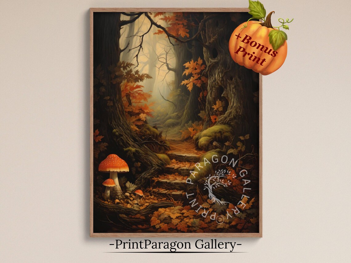 Dark Enchanted Forest Path with Red Toadstools and Fall Leaves Wall Art