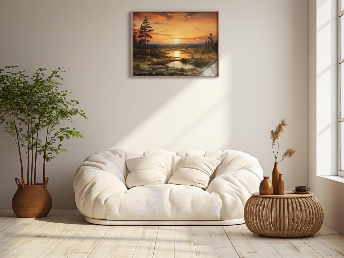 Warm Sunset Over Marsh River Tall Pine Silhouettes Oil Painting Wall Art - Image 2